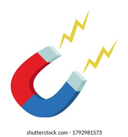 Magnet with red and blue pole and lightning. Vector illustration, flat design, cartoon style, isolated on white background.