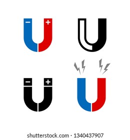 Magnet set of icons. Different styles and color. With polarity plus and minus signs and magnetic force bolts symbols.