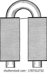 Magnet in the shape of a 'U' or a horseshoe type shape. Wires wound around the core must be wound as shown, with a bridge between the two poles, vintage line drawing or engraving illustration.