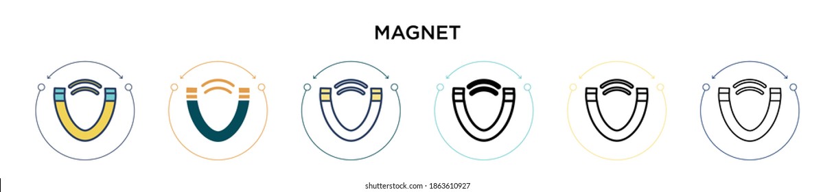 Magnet sign icon in filled, thin line, outline and stroke style. Vector illustration of two colored and black magnet sign vector icons designs can be used for mobile, ui, web