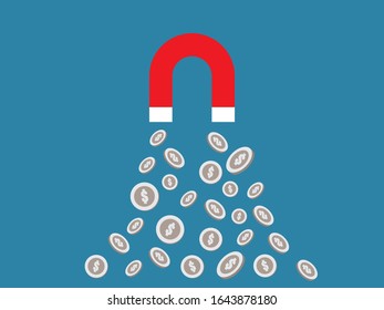 Magnet and silver coins with dollar sign ,vector illustration