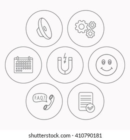 Magnet, smiling face and faq speech bubble icons. Sound linear sign. Check file, calendar and cogwheel icons. Vector
