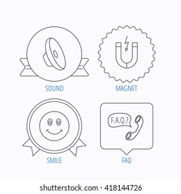 Magnet, smiling face and faq speech bubble icons. Sound linear sign. Award medal, star label and speech bubble designs. Vector