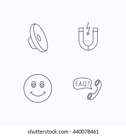 Magnet, smiling face and faq speech bubble icons. Sound linear sign. Flat linear icons on white background. Vector