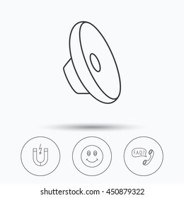 Magnet, smiling face and faq speech bubble icons. Sound linear sign. Linear icons in circle buttons. Flat web symbols. Vector