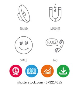 Magnet, smiling face and faq speech bubble icons. Sound linear sign. Award medal, growth chart and opened book web icons. Download arrow. Vector