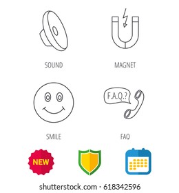 Magnet, smiling face and faq speech bubble icons. Sound linear sign. Shield protection, calendar and new tag web icons. Vector