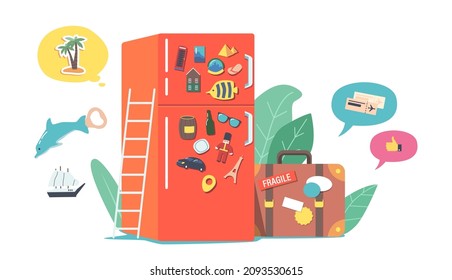 Magnet Souvenirs on Refrigerator Door and Suitcase with Stickers and Labels after Visiting Different Countries, Memory from Vacation Trips, Visiting World Landmarks. Cartoon Vector Illustration