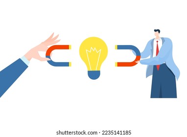 Magnet for success concept, attract idea, vector illustration, flat businessman character use magnetic power for light bulb, huge hand