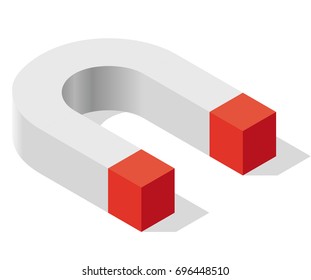 Magnet symbol, isometric perspective. Pure shadowed shape in gray, red colors. Isolated on white background, drop shadow. Magnetic force power, attraction, magnetization and repulsion. Low poly vector