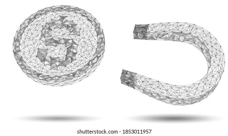 A magnet that attracts a coin. Low-poly construction of interlocked lines and dots.