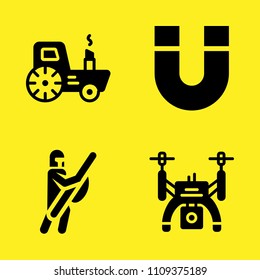 magnet, tractor, drone and warrior vector icon set. Sample icons set for web and graphic design