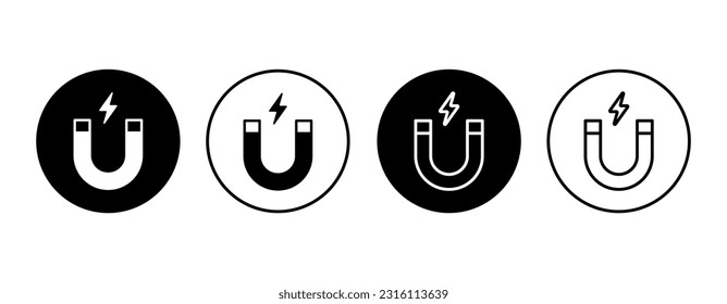 Magnet vector icon set. Linear horseshoe magnet symbol. Electromagnetic sign in circle