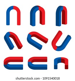 Magnet vector icons set on white background.
Magnet in different views. Flat style design. 