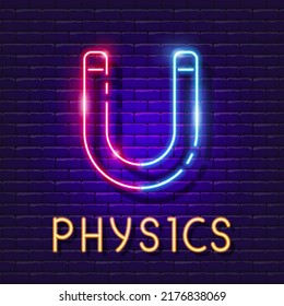 Magnet vector neon sign. Physics lesson glowing banner.