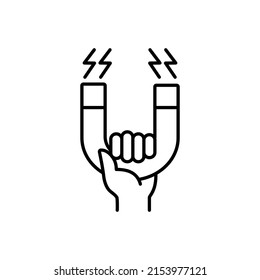 Magnet vector thin line icon. Hand holding magnet with lightning.