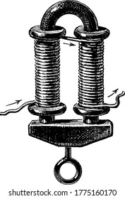 A magnet which owes its magnetic properties to the inductive action of an electric current, vintage line drawing or engraving illustration.