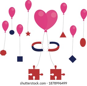 Magnetic attraction. Stock vector illustration. Two pieces of the puzzle perfectly matching each other are attracted like a magnet. Love. Valentine's Day.