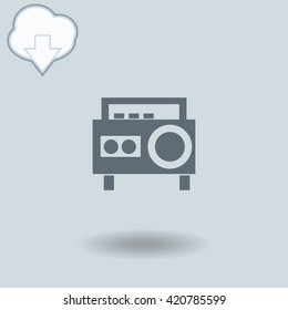 Magnetic cassette player icon with shadow. Cloud of download with arrow.
