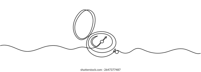 Bússola magnética contínua um desenho de linha. Terra, mar, navegação, geografia bússola ilustração de arte de linha única. Vetor de traçado editável.
