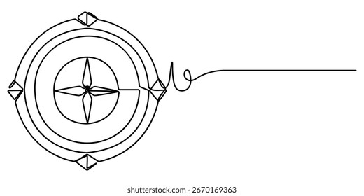 Magnetic compass continuous one line drawing. Land, sea, navigation, geography compass single line art illustration. Editable vector.
