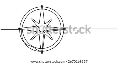 Magnetic compass continuous one line drawing. Land, sea, navigation, geography compass single line art illustration. Editable vector.