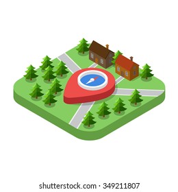 Magnetkompass auf einem großen isometrischen Pin an der Kreuzung inmitten des Waldkonzepts von globalem Reisen , Tourismus und Erforschung

