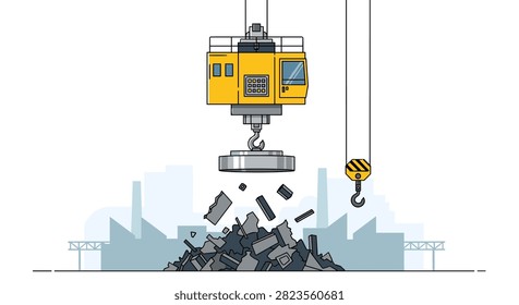 Magnetic crane head hovering over a scrap metal pile in an industrial site, showcasing recycling equipment and waste sorting processes for modern material recovery.