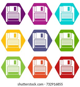 Magnetic diskette icon set many color hexahedron isolated on white vector illustration