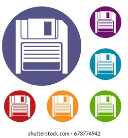 Magnetic diskette icons set in flat circle reb, blue and green color for web