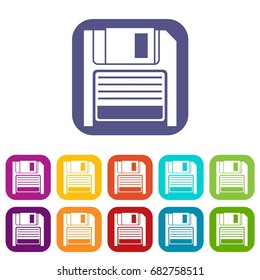 Magnetic diskette icons set vector illustration in flat style in colors red, blue, green, and other