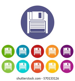 Magnetic diskette set icons in different colors isolated on white background