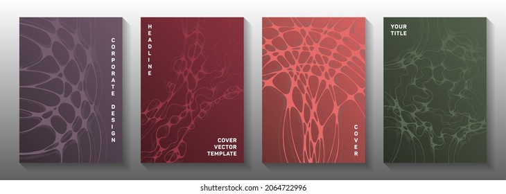 Cubiertas vectoriales abstractas del concepto de campo magnético. Las líneas de curva líquida fluyen hacia atrás. Plantillas de vector de folleto plano. Su conjunto de diseño gráfico de portadas tecnológicas.