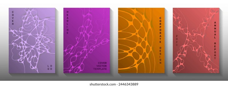 Magnetic field concept abstract vector covers. Dynamic curve lines fusion textures. Subtle notebook vector templates. Hi tech cover pages graphic design set.