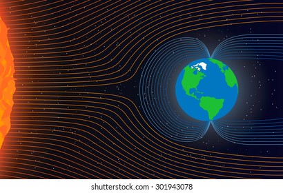 Magnetic Field Of Earth. Protect The Earth From Solar Wind, Vector Illustration