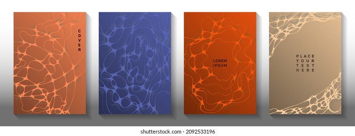 Magnetic field idea abstract vector covers. Crossed curve lines ornament backdrops. Delicate title page vector templates. Hi tech cover pages graphic design set.