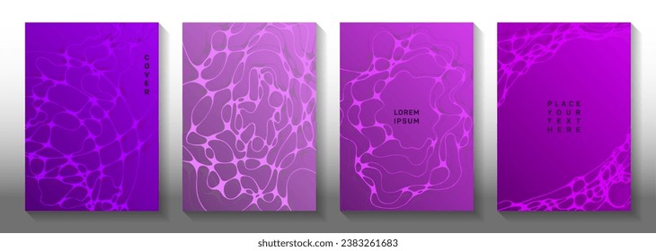Tapas vectoriales abstractas de idea de campo magnético. Recorrido de las líneas de curva cruzada de los fondos de flujo. Plantillas vectoriales de folletos futuristas. Juego de diseño gráfico de portadas de ingeniería.