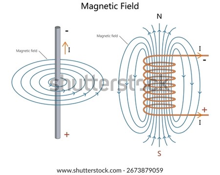 magnetic field lines around a straight current-carrying wire and a solenoid, illustrating electricity and magnetism concepts diagram hand drawn schematic vector. Science educational illustration
