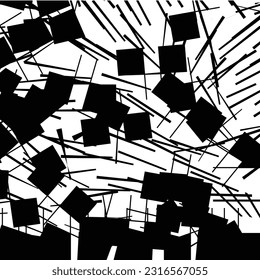 Magnetic field, particles driven by a current or a flow. Dynamic pattern with scattered squares and lines. Vector seamless. Graphics in black and white.