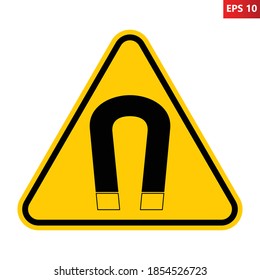 Magnetic field warning sign. Vector illustration of yellow triangle warning sign with horseshoe magnet icon inside. Caution dangerous radiation isolated on background. Symbol used in industry. 