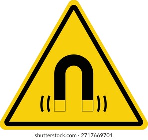 Aviso de campo magnético. Símbolo de triángulo amarillo. Señal de advertencia de peligro. Zona de peligro. estilo plano.