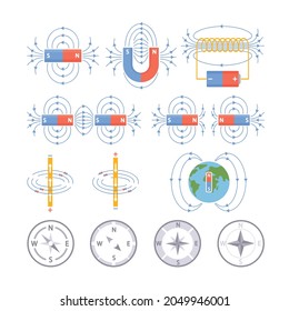 Magnetic Fields of Earth and Compass, Electric Charges Diagram, Physics Pole, Electric Magnet Lines, Electromagnet Diagram and Navigation Tool Isolated on White Background. Cartoon Vector Illustration