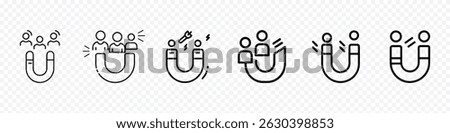 magnetic fields icon, Magnet Attracting People Icon, Customer attraction and audience magnet icon set featuring magnetic fields, Audience Targeting, Lead Generation, User Conversion, Marketing Funnel