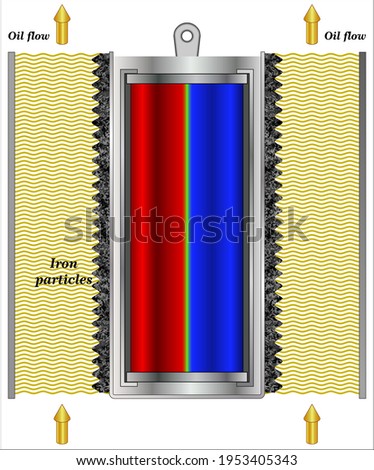 Magnetic filter showing pattern of flux distribution and the collected dirt