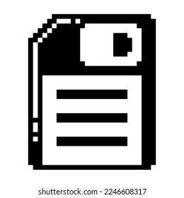 Magnetic floppy disc for computer data storage, save, diskette icon black-white vector pixel art icon