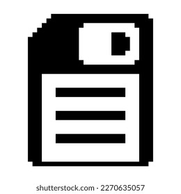 Magnetic floppy disc for computer data storage, save, diskette icon black-white vector pixel art icon	