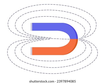 Fuerza magnética y campo electromagnético. Esquema de imanes polares. Presentación de la física del magnetismo educativo, herradura y imán de bar. Ilustración vectorial de dibujos animados. Ayuda en ciencias físicas