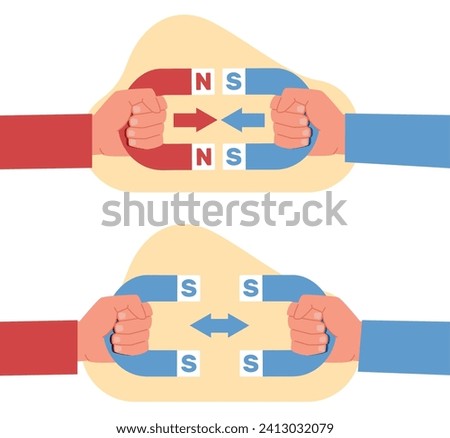 Magnetic force. Opposite poles of magnet attract and equal repel. Electromagnetic horseshoes. Repulsion and attraction. Physics scientific experiment. Magnetite polarity. Vector concept