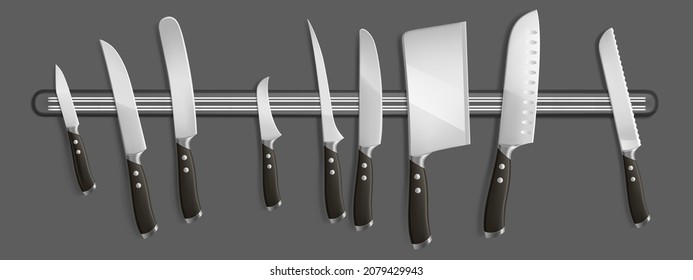 Magnetic holder with kitchen knives, chef cutting hatchets cooking cutlery realistic kitchenware. Cleaver, french, boning and filleting, carving steel choppers with black handle 3d vector illustration