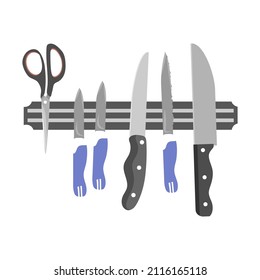 Soporte magnético para cuchillos y tijeras. К cosas de picar. utensilios de cocina para cocinar. Imágenes prediseñadas para hacer composiciones en casa o restaurante. Ilustración vectorial en estilo plano. Elemento aislado.